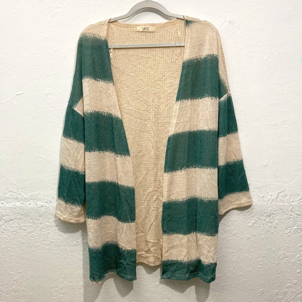 a.gain Womens Open Knit Cardigan Striped Colorblock Waffle Green Beige Loose M